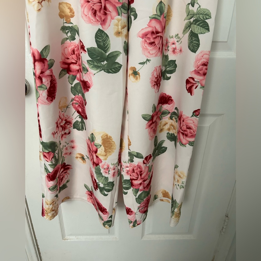 Floral Wide Leg Pants with Belt - Pink Rose Print - Picture 3 of 9